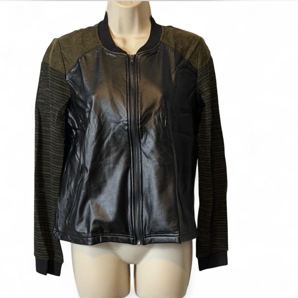 Vegan Leather/Knit Spliced Bomber Jacket - Picture 1 of 16